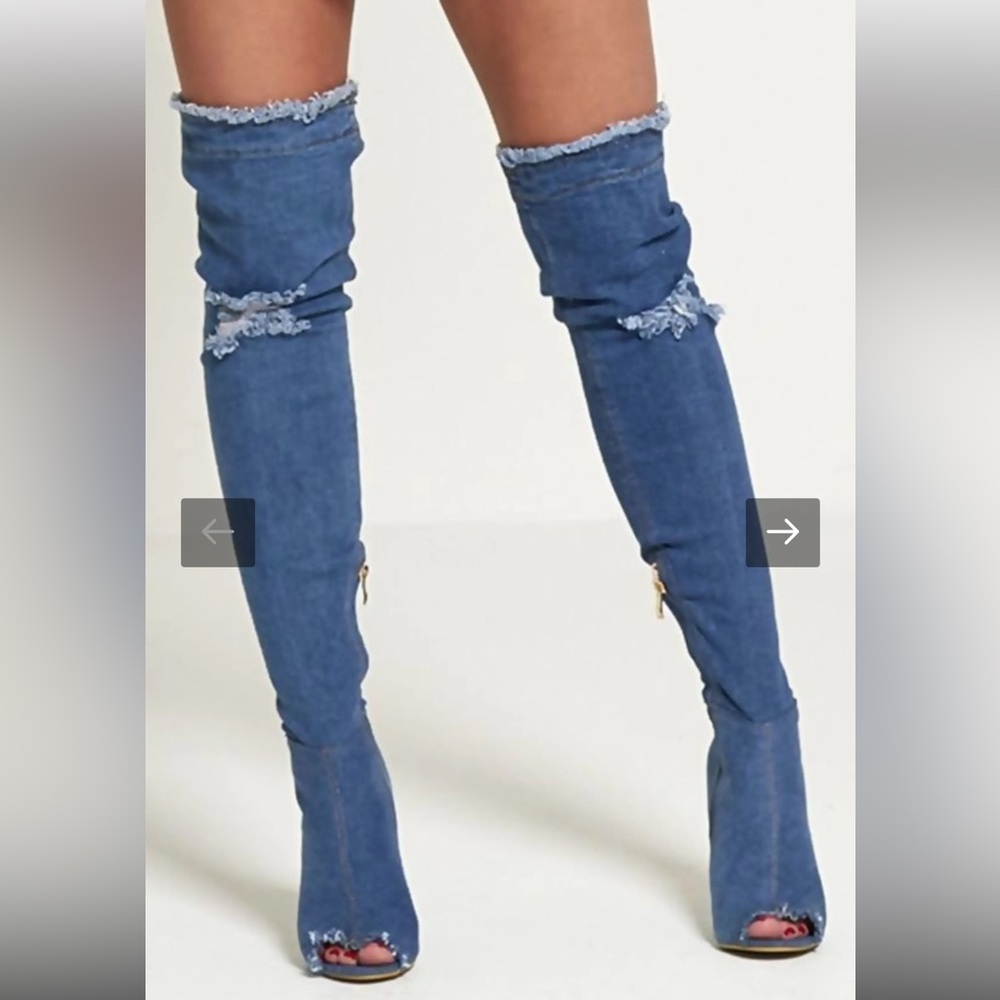 Forever 21 Denim Stiletto Over-the-Knee Boots - Denim Size 7.5